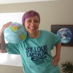 Green Dining Alliance Program Manager Jenn DeRose cheeses it up in a St. Louis Earth Day shirt.
