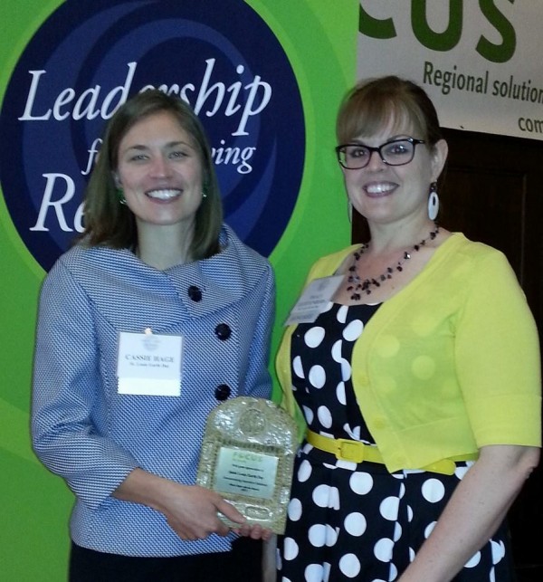 Executive Director Cassandra Hage and Board President Traci Lichtenberg accepted the "What's Right with the Region!" award from FOCUS St. Louis on May 7, 2015.