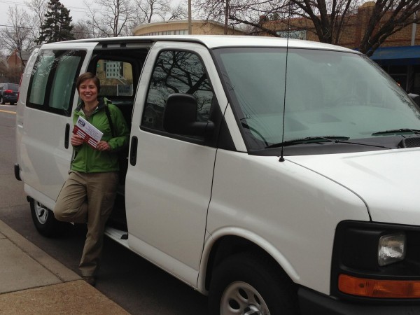 Executive Director Cassandra Hage with our van which we were able to purchase in February.
